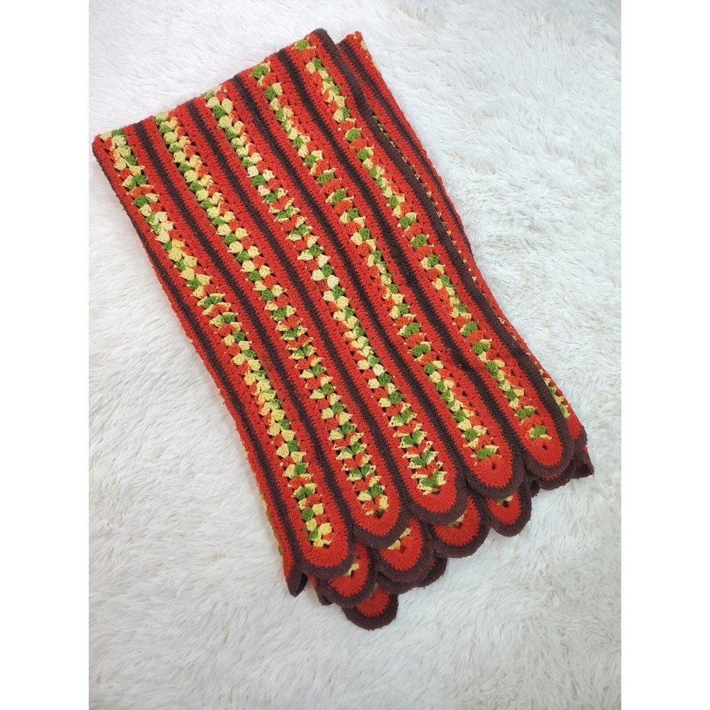Vintage Afghan 70s Throw Blanket Scalloped Red Yellow Brown Green Stripe 59x50